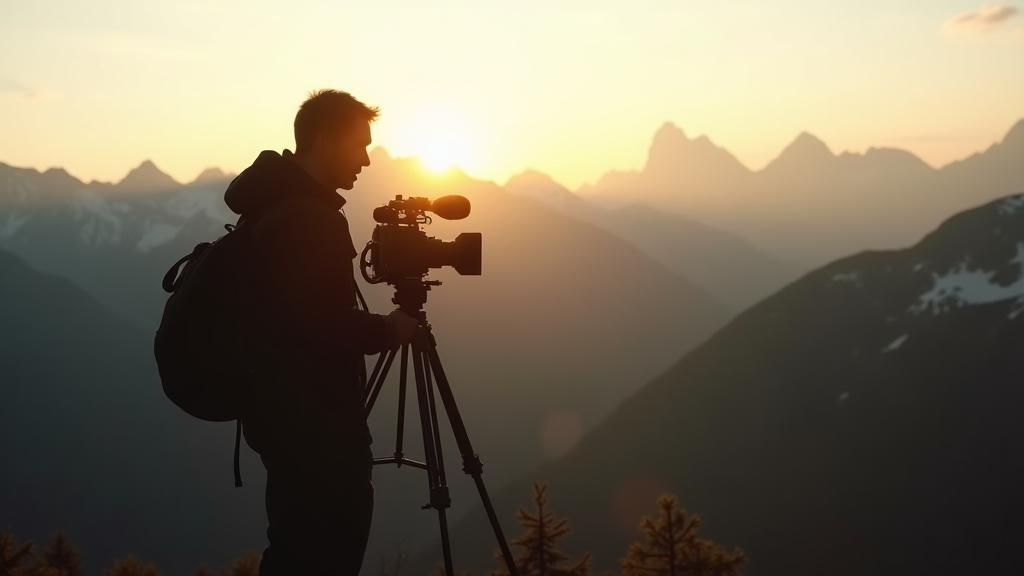 Cinematographer filming in a mountain landscape, representing Alpenlicht Media Training